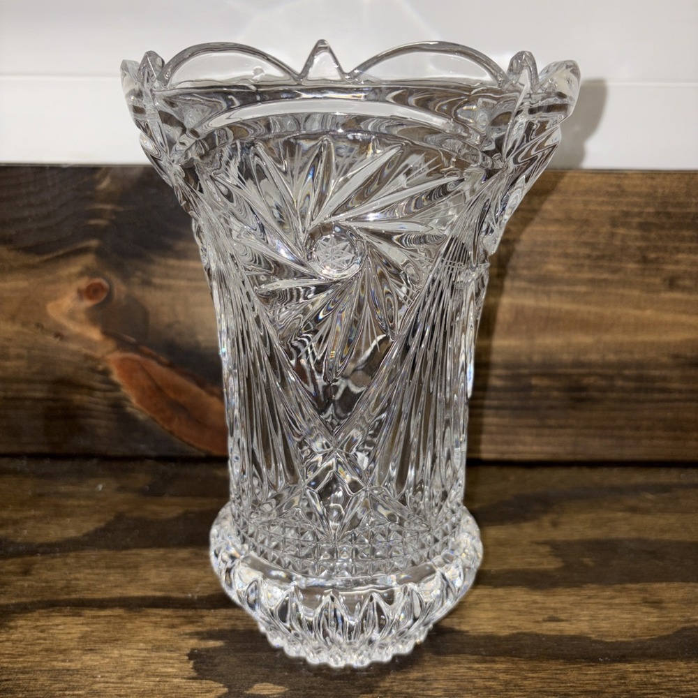 Irena 24% Lead Cut Crystal Poland Pinwheel Heavy Vase